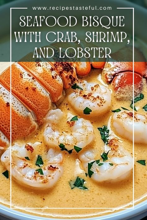 Indulge in this rich and creamy Seafood Bisque, featuring succulent crab, shrimp, and lobster. Perfect for special occasions or a comforting meal, this bisque is bursting with flavors and a touch of luxury. Lobster And Shrimp, Shrimp Bisque, Creamy Seafood, Crab Bisque, Seafood Bisque, Seafood Bake, Crab Stuffed Shrimp, How To Cook Lobster, Frozen Seafood