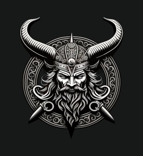 Viking logo grayscale dark background co... | Premium Vector #Freepik #vector #norse #viking #viking-logo #barbarian Viking Art Illustration, Vikings Logo Design, Barbarian Tattoo, Viking Emblem, Viking Logo Design, Viking Illustration, Viking Vector, Horns Art, Viking Drawings