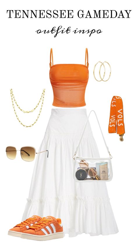 tennessee gameday, outfit inspo, fashion, maxi skirts, gold jewelry, sunglasses, football games, vols Orange Football Game Outfit, Tennessee Football Outfits, University Of Tennessee Gameday Outfit, Vols Gameday Outfit, Orange Gameday Outfit, Tennessee Game Day Outfit, Tennessee Outfits, College Gameday Outfits, Tn Vols