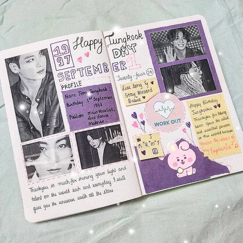 Hello people.. I have tried creating the jungkook birthday journal.. Hope you like it.💜 Jungkook Birthday Journal Ideas, J Hope Journal Ideas, Taekook Journal Ideas, Jungkook Diary Ideas, Happy Birthday Journal Ideas, Birthday Journal Ideas Aesthetic, Jimin Birthday Journal, J Hope Journal, Taekook Journal