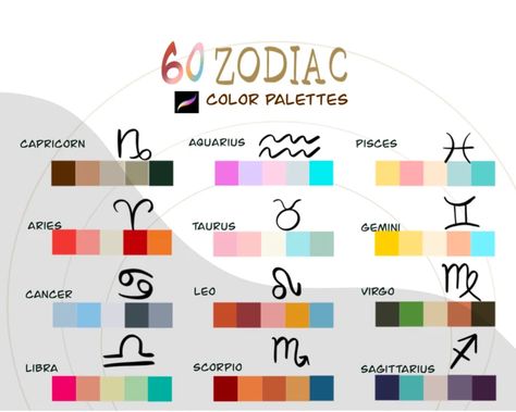 Zodiac Sign Colors Palette, Pisces Color, Gemini Color, Zodiac Signs Colors, Zodiac Signs Elements, Procreate Palette, Libra And Sagittarius, Lettering Illustration, Planner Stamps