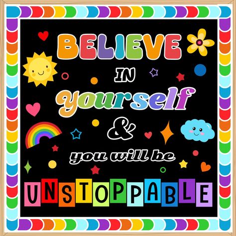 PRICES MAY VARY. 【 Bulletin Board Decoration Set 】You will receive letter cut-outs for the words "BELIEVE IN yourself & you will be UNSTOPPABALE". 1 x sun, 1 x rainbow, 1 x cloud, 1 x flower, 25 x colorful classroom borders, 60 x stickers confetti, 160 x glue dots. 【 Inspiring and Eye Catching 】Vibrant motivational cutouts features an assortment of eye-catching colors that will brighten and liven up any setting. The positive bulletin board set helps to your classroom an inspiring place to learn. Inspiring Bulletin Board Ideas, Special Needs Bulletin Board Ideas, Pediatric Office Bulletin Board Ideas, Border For Bulletin Board, Art Bulletin Board Ideas, Back To School Classroom Decorations, Bulletin Boards Back To School, Office Bulletin Board Ideas, Reading Lab