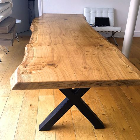 Handmade Live Edge Oak Slab Dining Table with Metal Legs | Quercus Furniture Live Edge Wood Dining Table, Metal Leg Dining Table, Wood Slab Dining Table, Live Edge Wood Table, Wooden Dining Table Designs, Live Edge Tables, Wood Slab Table, Live Edge Furniture, Slab Table