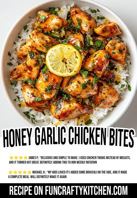 Learn how to make Honey Garlic Chicken Bites with white rice—a quick, delicious meal with a sweet and savory sauce. Ready in just 25 minutes! Chicken Honey Recipes, Honey Garlic Chicken Bites, Garlic Honey Chicken, Healthy Recipes With Chicken, Garlic Chicken Bites, Chicken Bites Recipes, Honey Glazed Chicken, Healthy Family Recipes, Cooking Mama