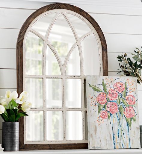 Mirrors with Rustic, Farmhouse Style Vail Two Tone Arch Wall Mirror #DecorativeMirrors #Mirrors #AccentMirrors #Decor #VintageDecor #FarmhouseDecor #RusticDecor Arched Window Mirror, Arch Wall Mirror, Window Pane Mirror, Farmhouse Wall Mirrors, White Console Table, Arch Wall, Furniture Unique, Cathedral Windows, How To Clean Mirrors