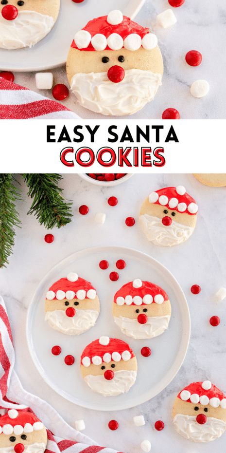 Easy Santa Cookies For Kids, Best Santa Cookies, Santa Cookies Recipes, Simple Christmas Cookies For Kids, Easy Cookie Decorating For Kids, Easy Christmas Cookies For Kids To Make, Santa Sugar Cookies Decorated, Christmas Cookie Decorating For Kids, Easy Santa Cookies