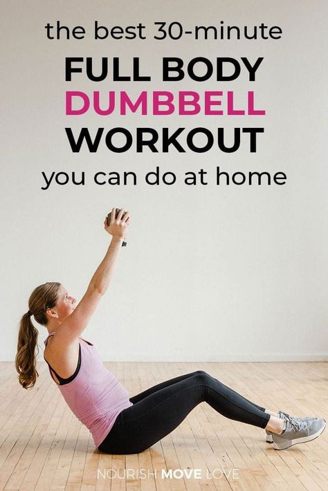 Getting fit has never been so easy with this 30 Minute Full Body Dumbbell Workout Video! It's the perfect at home workout to help you get strong and reach your wellness goals. Don't miss this free workout video to help you tone and shape up. || Nourish Move Love #workoutvideo #athomeworkouts #toning Circuit Workouts, 30 Minute Workout Video, Arm Weights, Free Weight Workout, Pyramid Workout, Full Body Dumbbell, Dumbbell Workout At Home, Resistance Training Workouts, Barre Fitness