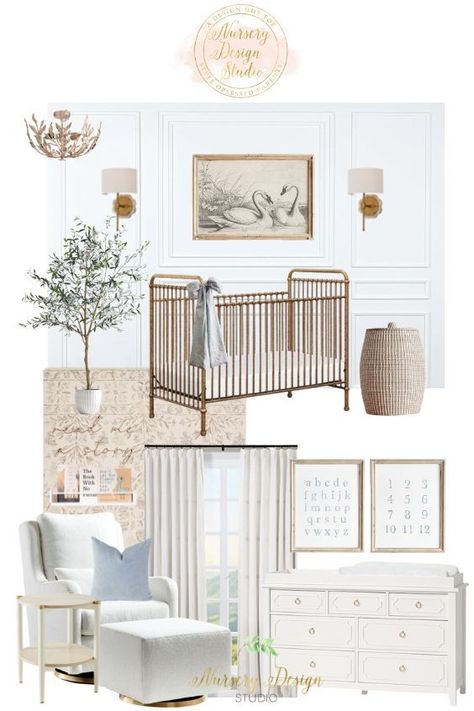 Nursery With Metal Crib, Organic Neutral Nursery, Delicate Nursery Ideas, Beige And Cream Nursery, Gold Crib Nursery Ideas, Nursery Board Ideas, French Farmhouse Nursery, French Country Nursery Gender Neutral, Traditional Gender Neutral Nursery