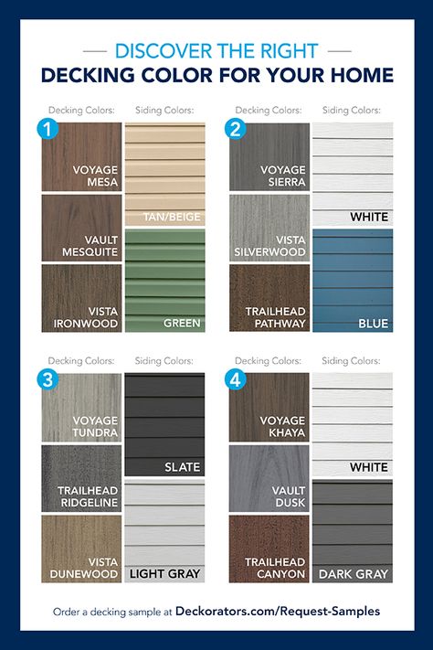 Grey House Porch Colors, Deck Stain Colors With Tan Siding, Two Tone Deck Color Ideas Paint, Trex Deck Colors For Tan House, Deck Color For Cream House, Beige House Deck Colors, House And Deck Color Combinations, Outdoor Deck Color Ideas, Deck Colors For Dark Brown House