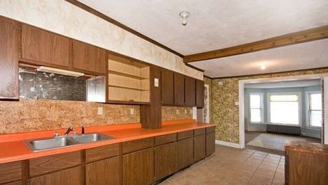 Orange Countertops, Cork Backsplash, Fake Brick, Antique Wallpaper, Orange Kitchen, Old Bricks, Historic Home, Home Free, Historic Homes