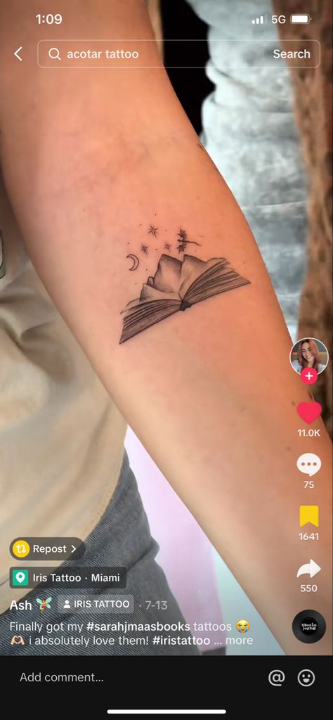 Sarah J Maas universe tattoo for ACOTAR, TOG AND CC Maas Universe Tattoo, Book Inspired Tattoos Acotar, Unique Book Tattoo Ideas, Bookish Matching Tattoos, Mountain Book Tattoo, Sarah I Maas Tattoo, Sarah J Maas Books Tattoo, Sj Maas Tattoos, Fourth Wing Acotar Tattoo