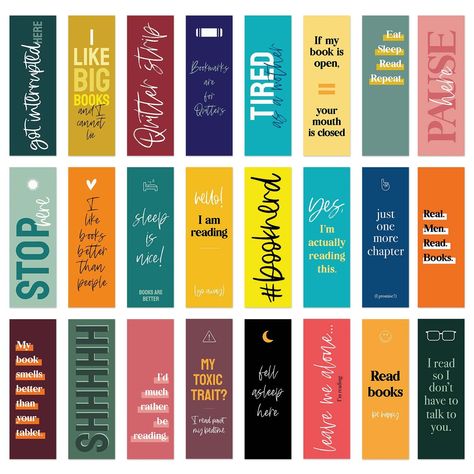 PRICES MAY VARY. Includes: Pack of 24 paper bookmarks. Size: Convenient 2" x 6" flat bookmarks. Modern Designs: 24 different snarky designs that pop with vibrant, bold colors showcasing unique typography. Pack contains 1 bookmark of each design. Funny quotes for book lovers. Printed in full color on one side of high quality cardstock. Perfect for: These colorful bookmarks with sarcastic quotes are useful for anyone who loves to read, journal, use notebooks, textbooks, magazines, novels, or write Bookmark Design With Quotes, Quotes For A Bookmark, Book Bookmark Design, Book Quotes For Bookmarks, Funny Bookmarks Printable, Bookmark Phrases, Book Quote Bookmarks, Bookmark Ideas Aesthetic Qoutes, Unique Bookmark Design