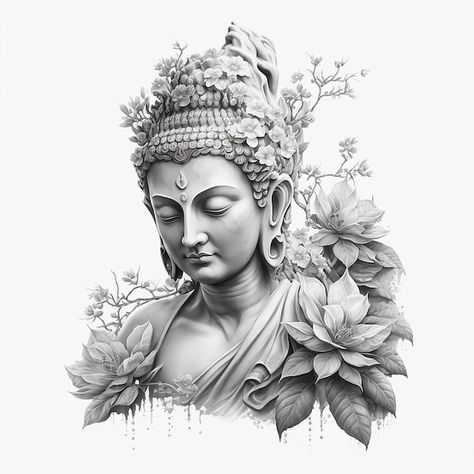 Photo buddha statue with flowers tattoo ... | Premium Photo #Freepik #photo #buddha-statue #buddhism #lord-buddha #buddha Statue With Flowers Tattoo, Statue With Flowers, Buda Tattoo, Angel Sculpture Art, Buddha Flower, Animal Stencil Art, Buddha Drawing, Buddha Tattoo Design, Buddha Tattoos