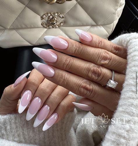 Creamy Pink French Tip Nails, Almond French Tip Nails Pink Base, Pink White Nails French, Pink And White Almond Nails French Tip, Pink Nail White Tip, Marshmallow Pink Nails, White French Tip Nails Pink Base, White Pink French Tip Nails, Work Nails Almond