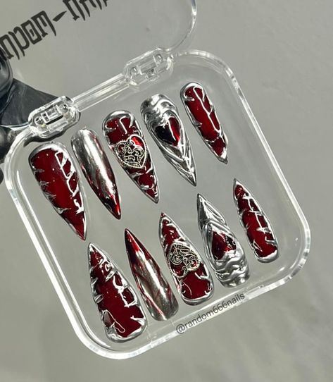 Blood Nail Press, Nails Decorated With Silver Charms, Gothic Crossed Nails, Vampire Red Nails, Dark Red Nails - Etsy Vampire Red Nails, Red Nails Dark, Nails Dark Red, Blood Nails, Vampire Nails, Silver Nail Designs, Press Nails, Nails Dark, Dark Red Nails