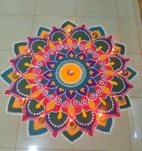 Completely Handmade, No use of any tools Easy Rangoli Designs Videos, Rangoli Colours, Rangoli With Dots, Indian Folk Art, Easy Rangoli Designs, Easy Rangoli, Rangoli Design, Simple Rangoli, Bright Colours