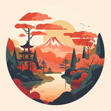 Paysage japonais automnal au coucher du soleil Design Japonais, Diy Aquarium, Japanese Art Prints, Art Basics, Gouache Art, Japon Illustration, Graphic Design Lessons, Art Japonais, Japanese Painting