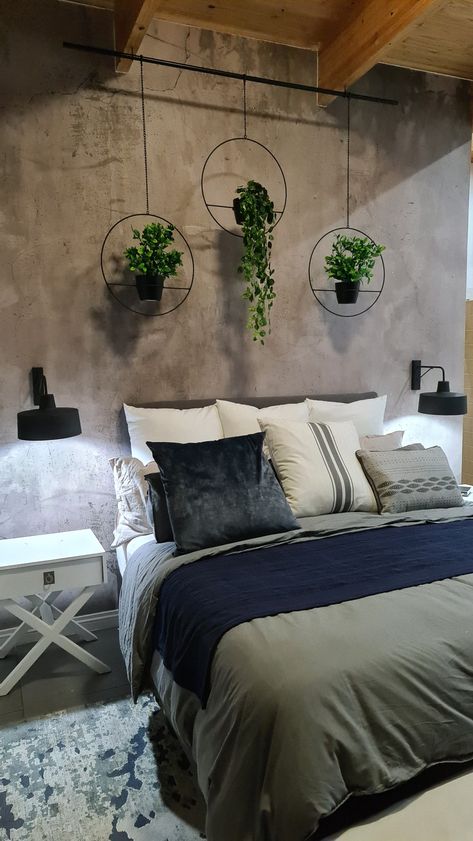 Small Bedroom Feature Wall Ideas, Gray Wallpaper Bedroom Ideas, Bedroom Concrete Wall, Concrete Bedroom Ideas, Concrete Room Ideas, Concrete Wall In Bedroom, Grey Walled Bedroom, Grey Wallpaper Bedroom Feature Wall, Cement Accent Wall Bedroom