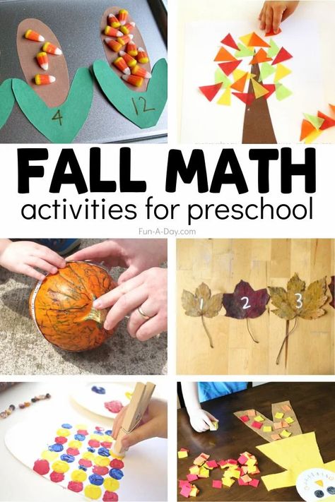 Look no further for engaging fall math activities for preschool! Here are 25+ that are sure to be a hit in your preschool classroom or homeschool. Each is fun, meaningful, and hands-on! Fall Small Groups Preschool, Season Math Activities Preschool, Fall Theme Math Activities, Preschool Math Lesson Plans, Vpk Math Activities, Fall Whole Group Activities Preschool, Autumn Maths Activities For Preschool, Math Elementary Activities, Number Centers Preschool