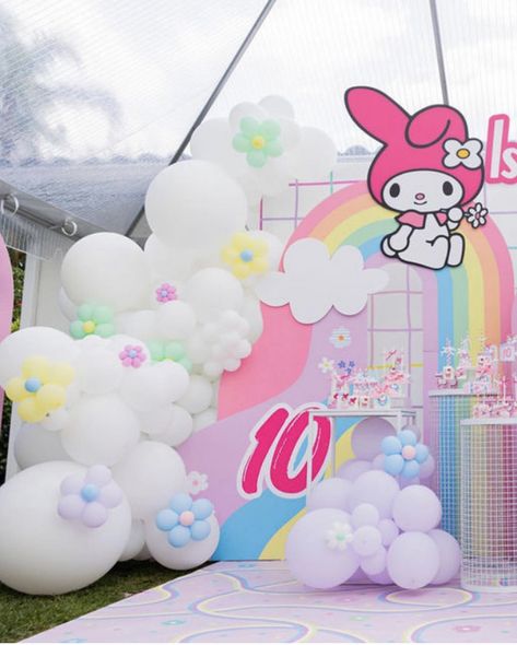 Sanrio Birthday Backdrop, Cinnamon Roll Hello Kitty Birthday Party, Sanrio Balloon Garland, Sanrio Theme Party Decoration, Sanrio Birthday Decor, My Melody Birthday Decorations, My Melody Birthday Party Ideas, My Melody Birthday Party Decorations, My Melody Party Decorations