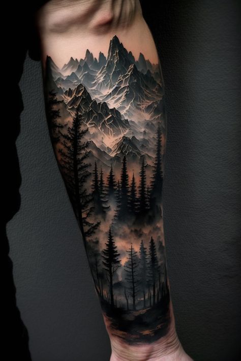 Men’s Outdoor Sleeve Tattoo, Nature Sleeve Tattoos For Guys, Mountains Half Sleeve Tattoo, Guy Tattoos Forearm, Men's Sleeve Tattoo, Forest Arm Sleeve Tattoo, Full Sleeve Nature Tattoo, Men’s Arm Sleeve Tattoo Ideas, Men’s Outdoors Tattoo