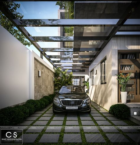 Carpark Design House, Car Porch Garden Ideas, Car Park With Garden, Modern Car Porch Design, Modern House Porch Design, Parking Front Of House, Tile Front Porch Entrance Modern, Garage Architecture Design, Modern Car Garage Design