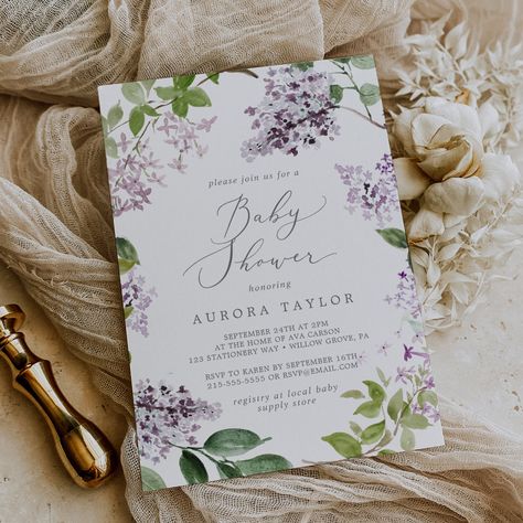 Rustic Lilac Baby Shower Invitation Lavendar Baby Shower Themes, Purple Floral Baby Shower Ideas, Lavender And Green Baby Shower Ideas, Light Purple Baby Shower Ideas, Baby Shower Lavender Theme, Violet Baby Shower Ideas, Lilac Baby Shower Ideas, Lavender Baby Shower Ideas, Purple Baby Shower Ideas