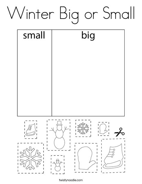 Winter Big or Small Coloring Page - Twisty Noodle Big Or Small Worksheet, Preschool Winter Worksheets, Winter Crafts Preschool, Snowmen Activities, Winter Activities Preschool, Twisty Noodle, Worksheets For Preschool, Winter Classroom, Christmas Worksheets