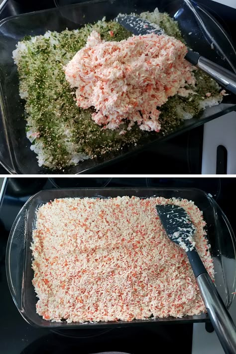 Sushi Bake California Roll, Bake Sushi Casserole, Sushi Bake Recipe Tuna, Sheet Pan Sushi, Easy Sushi Bake Recipe, Crab Sushi Bake Recipe Easy, Sushi Bake Recipe Hawaiian, Sushi Bake Crab, Pan Sushi Recipe