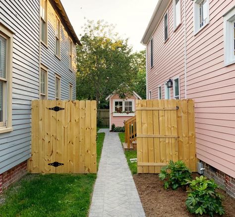 Beach House Backyard, Coral Door, Cape Cod Beach House, House Upstairs, Privacy Trellis, Patio Table Set, House Before And After, Backyard Cottage, Paintable Wallpaper