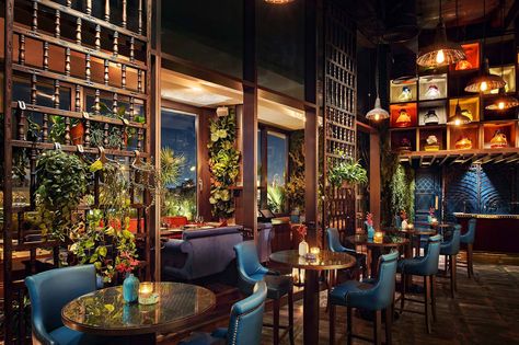 Coya Dubai Restaurant Lighting Design, Persian Restaurant, Peruvian Restaurant, Architectural Lighting Design, Restaurant Lighting, Bar Design Restaurant, Outdoor Restaurant, Restaurant Interior Design, Light Architecture