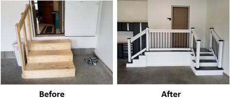 Here is the old steps in the garage and then the landing after. Steps From Garage To House Ideas, Garage Landing Steps, Garage Landing, Garage Steps With Landing, Garage Steps Into House With Landing, Garage Landing Ideas, Garage Stairs Into House, Garage Steps Into House Ideas, Garage Landing Mudroom