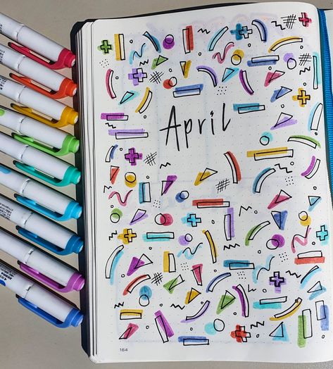 colorful 80s inspired theme for april bujo 80s Journal Aesthetic, Colorful Bujo Theme, Bujo April Theme, 80s Doodles, Retro Bullet Journal Theme, May Bujo Theme, Journal April Cover, Bullet Journal April Cover, April Cover Page