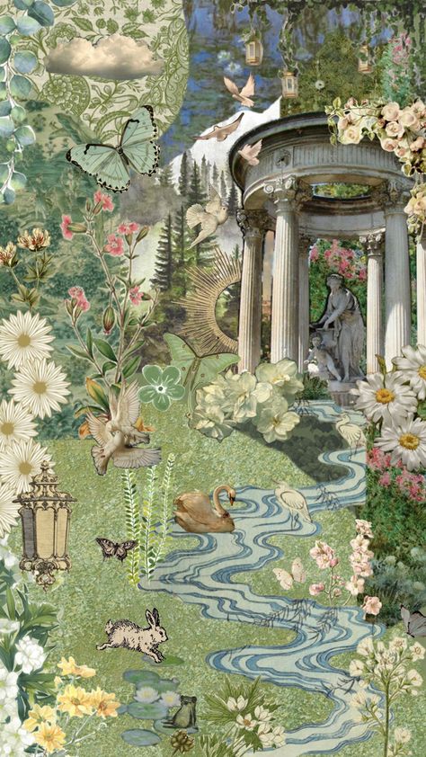 #collage #green #garden #flowers #art #phonebackground #lockscreen Forest Art Wallpaper, Forest Fairy Aesthetic, Forest Wallpaper Iphone, Wonderland Forest, Forest Meadow, Fairy Garden Art, Garden Collage, Pixel Art Landscape, Wall Collage Decor