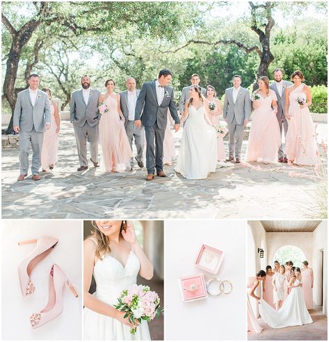 Grey And Pink Bridesmaid Dresses, Blush Pink Wedding Motif, Grey And Light Pink Wedding, Wedding Grey And Pink, Blush And Light Grey Wedding, Pink Bridesmaid Grey Groomsmen, Light Pink And Grey Wedding, Subtle Pink Wedding, Pink And Grey Wedding Ideas