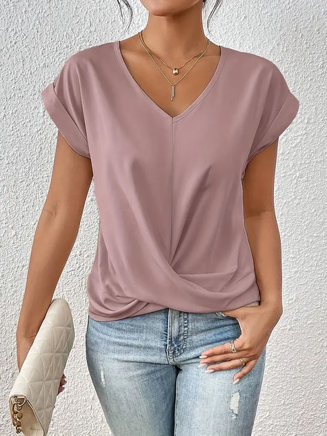 Knot V Neck T shirt Casual Short Sleeve T shirt Spring - Temu Blouses Outfit, Twist Blouse, Casual Wear Women, Elegant Shirt, Look Casual, Outfit Casual, Casual Look, Blouse Design, Amelie