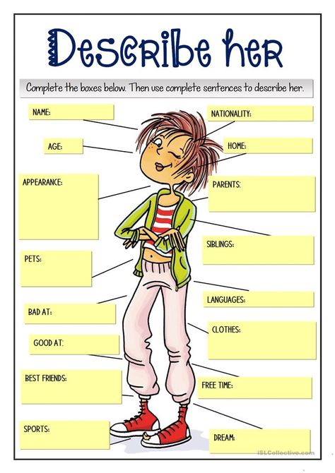 DESCRIBE HER - English ESL Worksheets for distance learning and physical classrooms Classroom Language Worksheet, Describing Pictures, Back To School Art Activity, Classroom English, English Advanced, British And American English, Speaking Cards, Character Worksheets, Esl Learning