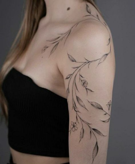 Ivy Arm Tattoos For Women, Around The Shoulder Tattoo, Shoulder To Back Tattoo For Women, Neck Vine Tattoos, Botanical Tattoo Sleeve Delicate, Shoulder Vine Tattoos For Women, Feminine Tattoo Sleeves Fine Line, Women’s Shoulder Tattoos, Shoulder And Arm Tattoos For Women