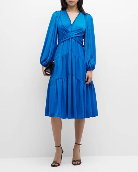 T461L Kobi Halperin Tiered Blouson-Sleeve Midi Dress Kobi Halperin, Tiered Midi Dress, Midi Dress With Sleeves, Vienna, Criss Cross, The Knee, Neiman Marcus, Wrap Dress, Bodice