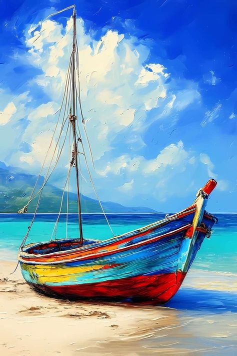 Seaside Pictures, Shark Mermaid, Art Plage, Seaside Paintings, Beach Art Painting, Boat Drawing, Marine Painting, Sailboat Painting, Boat Art