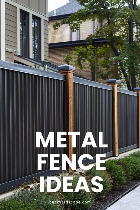 Add elegance and security to your home exterior with these 19 metal fence ideas, focusing on corrugated steel for a blend of functionality and design. Metal Fences And Gates Corrugated Sheets, Black Aluminum Privacy Fence, Diy Farmhouse Fence, Exterior House Blank Wall Ideas, Metal Backyard Fence, Black Metal Privacy Fence, Maintenance Free Fence, Corrugated Steel Fence, Large Privacy Fence Ideas