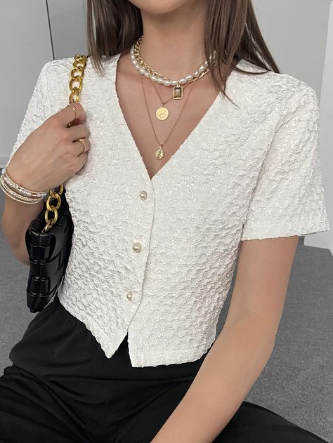 White Elegant Collar Short Sleeve Polyester Plain Top Embellished Non-Stretch Summer Women Tops, Blouses & Tee Curved Hem Top, Shirred Blouse, Button Down Short Sleeve, Velvet Blouses, Plain Tops, Yellow Fashion, Style Chic, Women Tops, Summer Tops