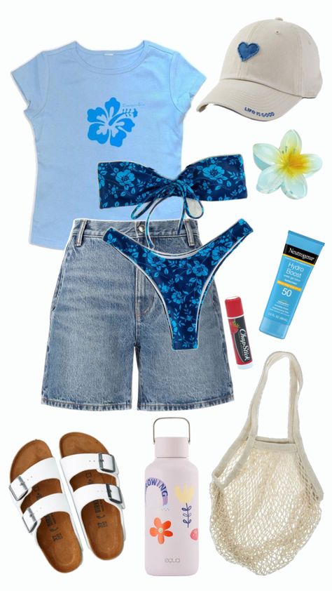 Light blue shirt with darker blue hibiscus flower print, denim shorts, dark blue bikini with light blue flower designs, white birkenstock sandals, purple water bottle with flower prints on, crocheted mesh beach bag, strawberry chapstick, 50spf sunscreen, blue and yellow ombre flower claw clip, white baseball cap with blue heart. Hawaii Outfits Aesthetic, Hawaii Outfits Ideas, Outfit Inspo For Summer, Hawaii Outfit, Kidcore Aesthetic, Hawaii Outfits, Summer Beach Outfit, New Closet, Hot Girl Summer