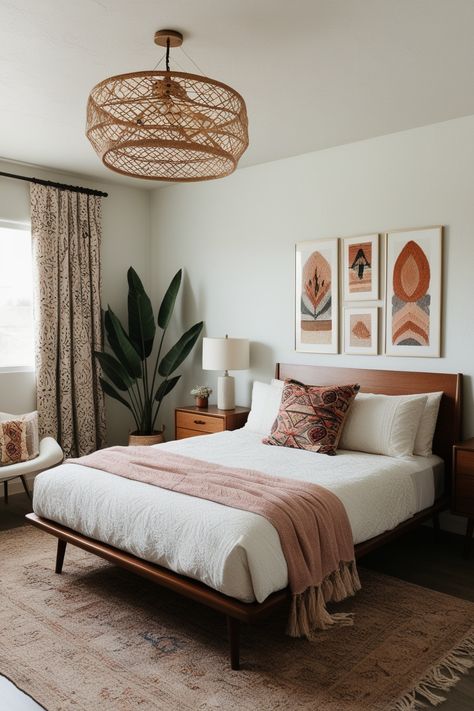 Tones Guest Room Mid Century Modern, Florida Apartment Aesthetic, Bedroom Ideas Mid Century Modern, Boho Guest Bedroom Ideas, Modern Spanish Bedroom, Cozy Mid Century Modern Bedroom, Modern Bedroom Apartment, Bedroom Ideas Retro, Boho Guest Room