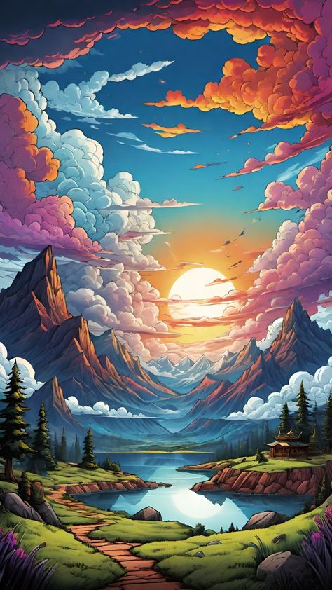 Epic Landscape Art, Imaginary Landscape Drawing, Fanasty Landscape Art, Peaceful Fantasy Landscape, Land Scape Anime Wallpaper, Acrylic Canvas, Landscape Illustration, Hippie Art, Fantasy Concept Art