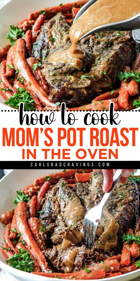 Learn How to Cook Mom’s Pot Roast in the Oven! It's a perfect Christmas dinner idea. Tender and juicy with a mouthwatering gravy, this baked pot roast recipe is the BEST for your holiday menu. So, grab a chuck roast and try this main dish for Christmas dinner! Tender Oven Pot Roast, Pot Chuck Roast, Best Beef Pot Roast, Beef Roast In The Oven Easy, Moist Pot Roast In Oven, Best Roast For Pot Roast, Pot Roast Oven Recipes Easy, Slow Roasted Pot Roast In Oven, Cooking A Pot Roast In The Oven