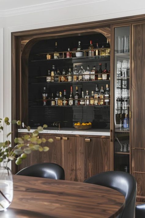 5 Tips for Designing the Perfect Home Bar Bar Nook In Dining Room, Bar Back Wall Design, Home Bar Nook, Bar In Bookshelf, Attic Wet Bar, Vintage Wet Bar, Built In Bar In Living Room Modern, Built In Whiskey Bar, Modern Built In Bar