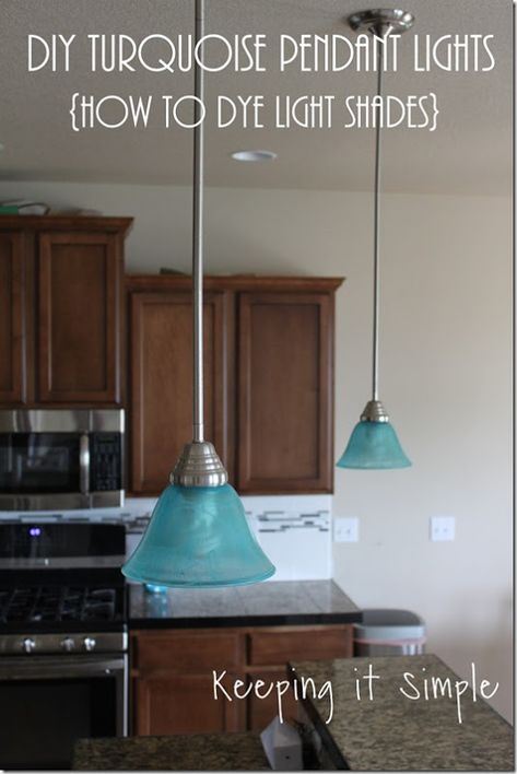 Turquoise Blue Pendant Lights- How to dye light shades #pendantlights @keepingitsimple Glass Spray Paint, Blue Pendant Light, Diy Pendant Light, Blue Ceilings, Kitchen Ceiling, Keeping It Simple, Blue Pendant, Clipboard, New Wall