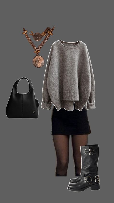 This outfit is composed of a Grey oversized sweater black tights and a black mini skirt with black mid calve boots Skirt Tights, Oversized Grey Sweater, Autumn Wardrobe, Fall Outfit Ideas, Autumn Outfit, Cozy Fall, Oversized Sweater, Fall Wardrobe, Black Skirt