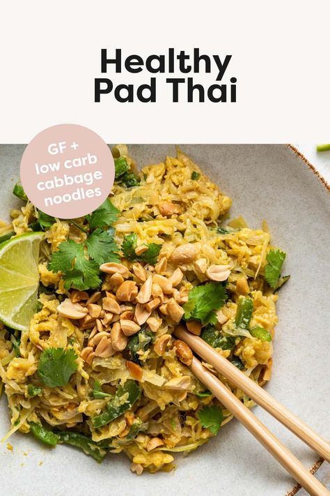 This healthy pad thai recipe is made with cabbage noodles instead of regular noodles. It's a 15-minute meal that's perfect for busy weeknights. Gluten-free + low-carb. Healthy Pad Thai Recipe, Nutritional Meals, Healthy Pad Thai, Cabbage Noodles, Asian Pork Recipes, Bird Recipes, Healthy Thai Recipes, Alpha Gal, Cabbage And Noodles